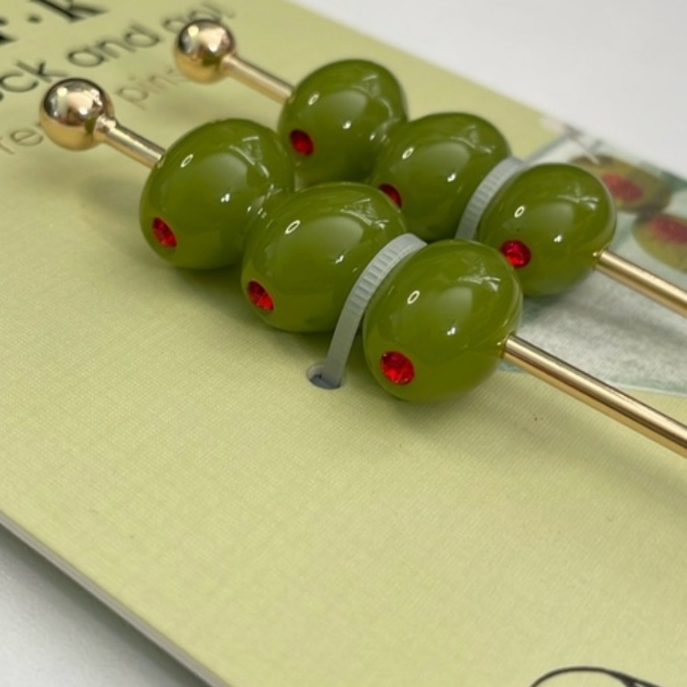 Piper K Olive Hair Pick Green W Red Detail Hair Sticks BRAND NEW